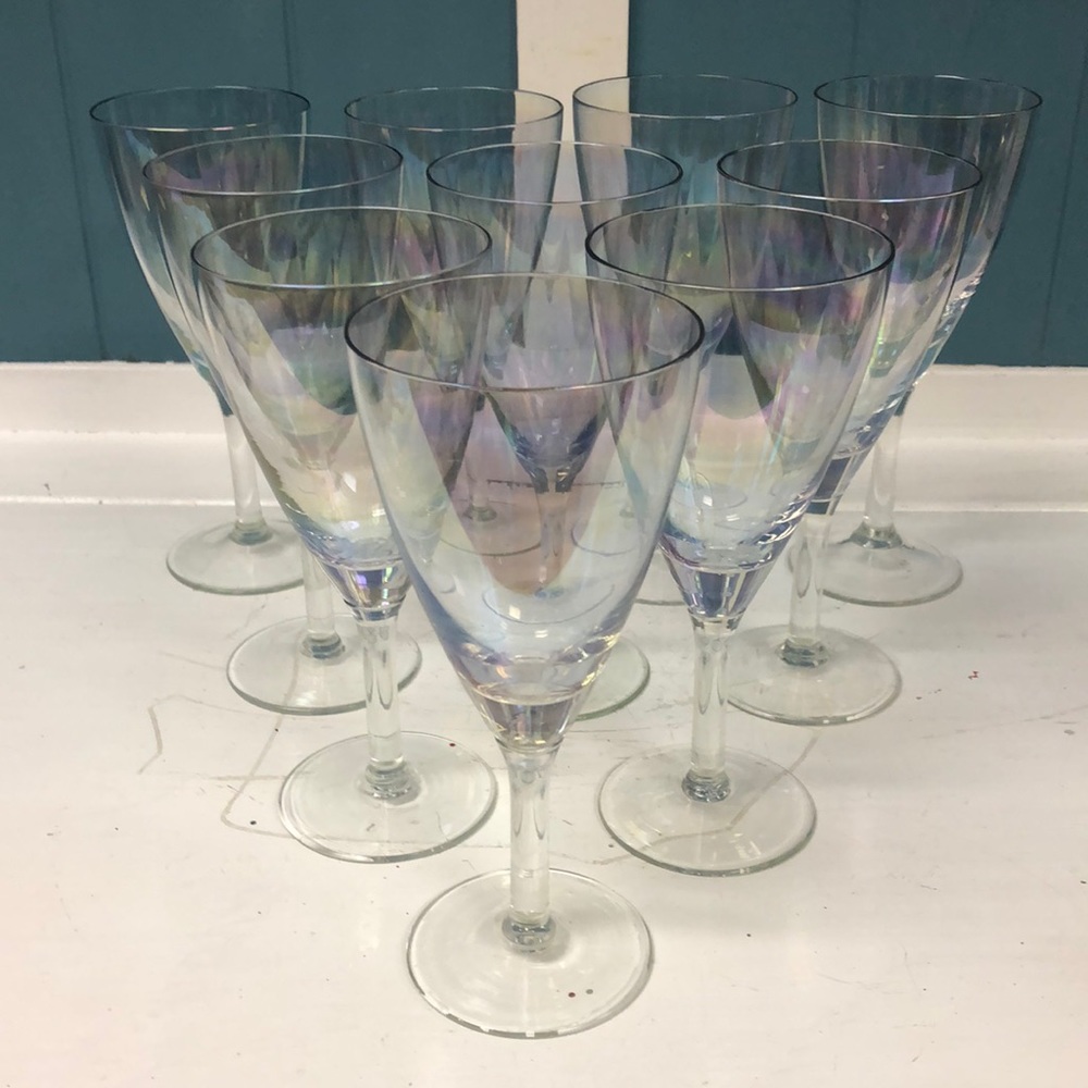 Set of 10 Vintage Iridescent 6.5” Wine Water Glasses rainbow stemware cocktail‎